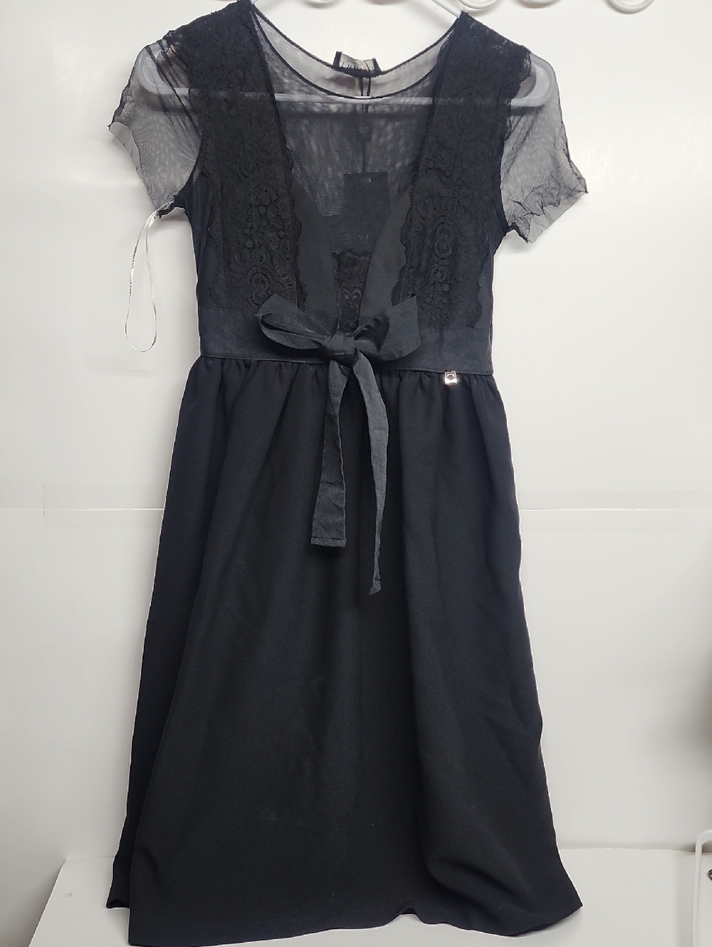 TWINSET SIMONA BARBIERI Black Lace Detail Midi Bow Dress Sz40/8 USA NWT $325 Wow